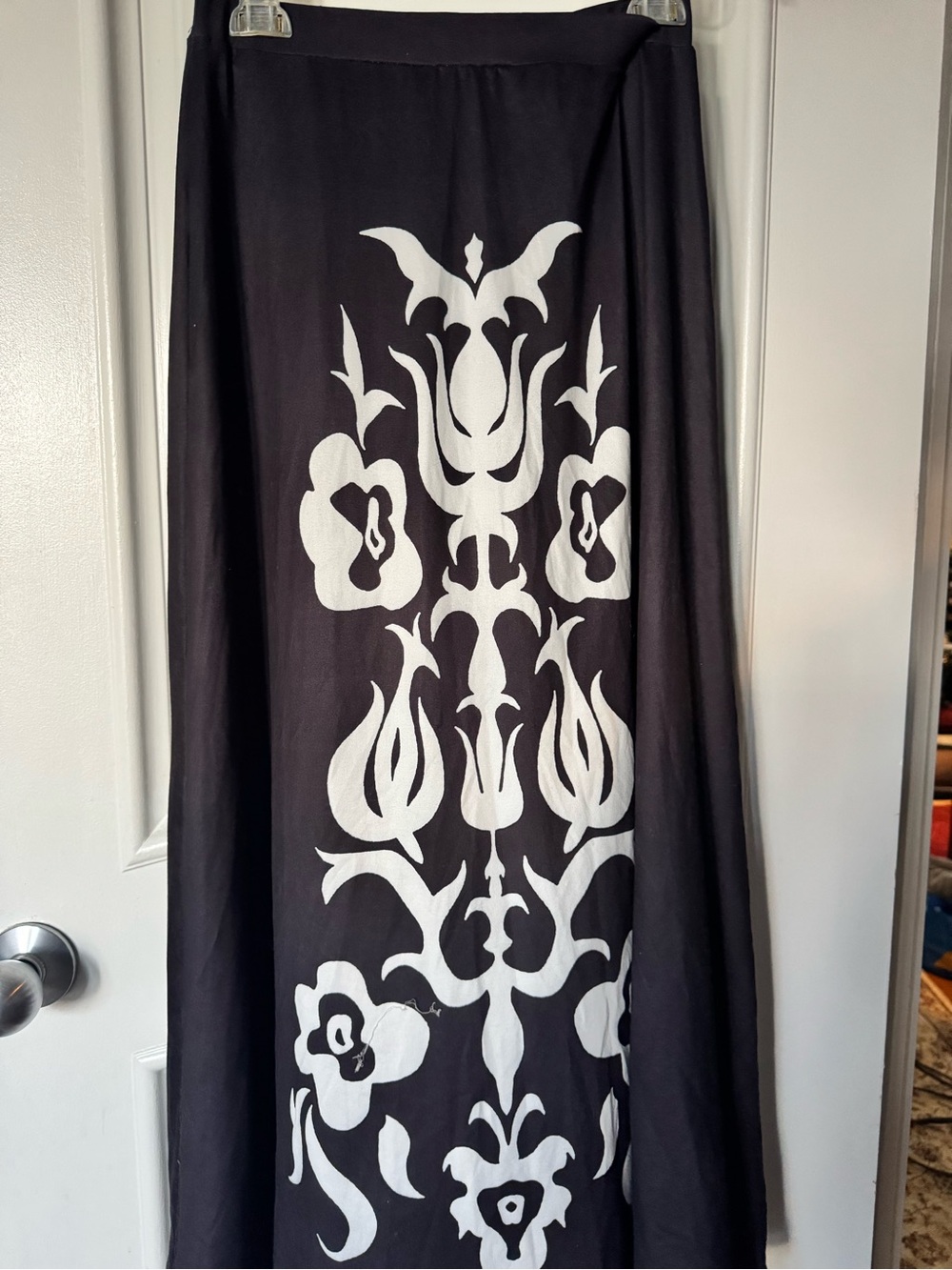 Black Maxi Skirt with White Floral Motif